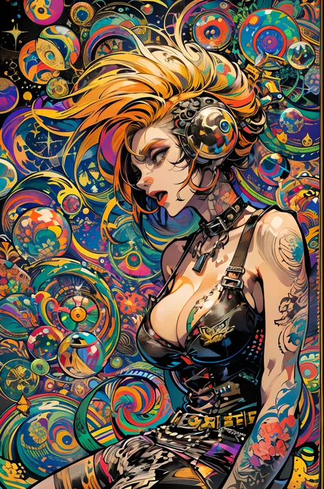 Samdoesarts drunken beautiful woman like sandman delirium，（Hallucinatory colored soap bubbles），Jeremiman，Sandra Chevriye，Dave McKean and Richard Aviden and Marci Je Cuciara，Punk rock，Tank girl，high detal，8k,((Huge breasts :1.5)）