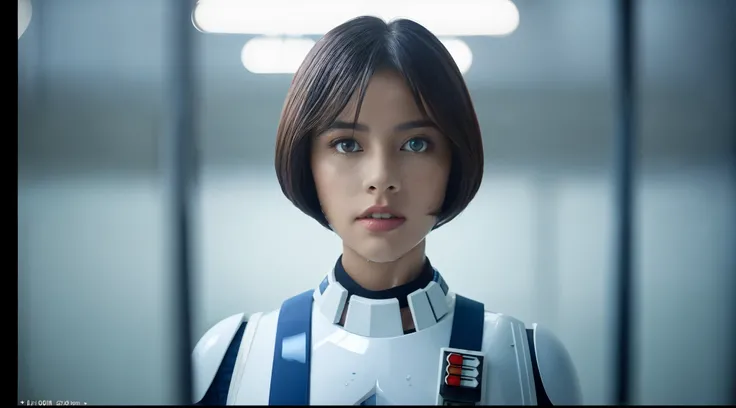 Photo of jortega posing in a star wars female stormtrooper uniform from the waist up, solo, blue eyes, reverse bob haircut, shiny skin, hourglass body, WET skin, headshot, warm atmosphere, photograph, photoshoot, Captured by Panavision Panaflex Platinum Ca...