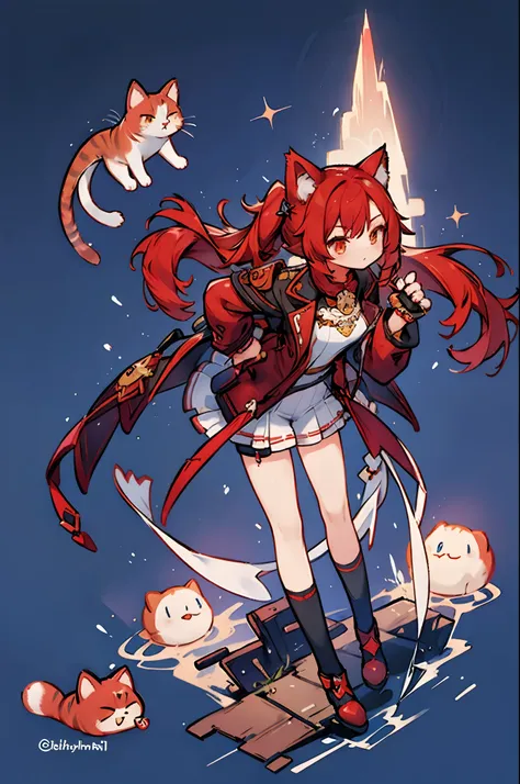 a girl, red hair, cat ears, cat tail, floating in the night sky, genshin impact character