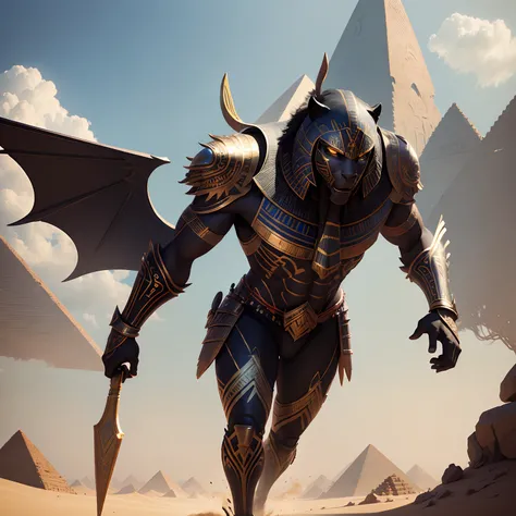 The panther warrior has Egyptian wings in full body armor.. Realistic 4K,Pyramids,Super Detailed, Vray Display, Unrealistic engine, Midjourney Art Style.