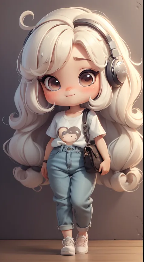 Chibi Doll， (Full Body Esbian, Including legs: 1.5)。Call her Marina.. Her hair is light-colored.. Your eyes should be large and expressive., Long eyelashes and rosy cheeks. A delicate white smile.  t-shirt, Pants and headphones.  Dont forget to add details...