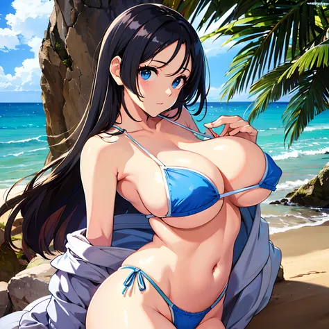 (Best Quality, 8K, masutepiece :1.3),((beautiful boob,Protruding areola,,)),Highly detailed,Blue Micro Bikini,Midsummer beach,Blue Sea,A dark-haired