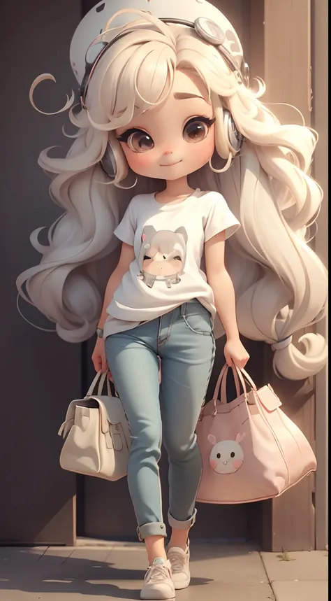 Chibi Doll， (Full Body Esbian, Including legs: 1.5)。Call her Marina.. Her hair is light-colored.. Your eyes should be large and expressive., Long eyelashes and rosy cheeks. A delicate white smile.  t-shirt, Pants and headphones.  Dont forget to add details...