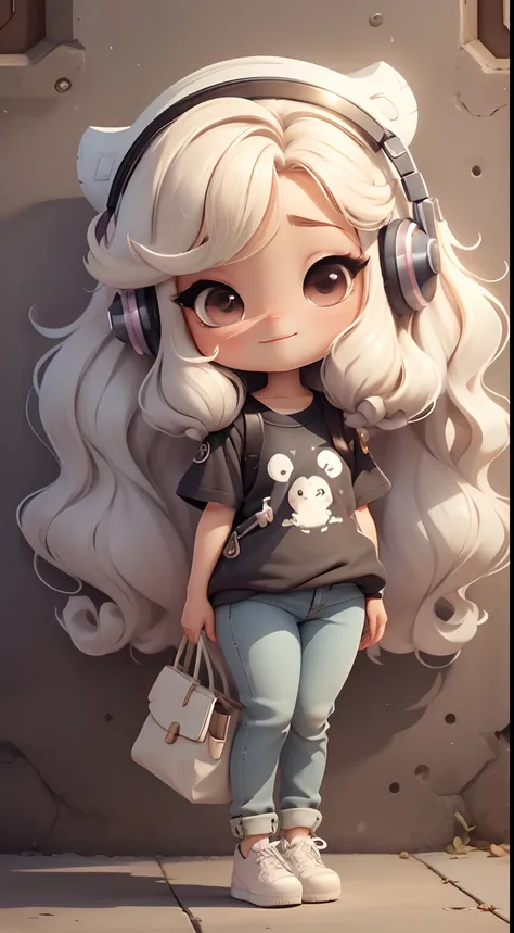 Chibi Doll， (Full Body Esbian, Including legs: 1.5)。Call her Marina.. Her hair is light-colored.. Your eyes should be large and expressive., Long eyelashes and rosy cheeks. A delicate white smile.  t-shirt, Pants and headphones.  Dont forget to add details...