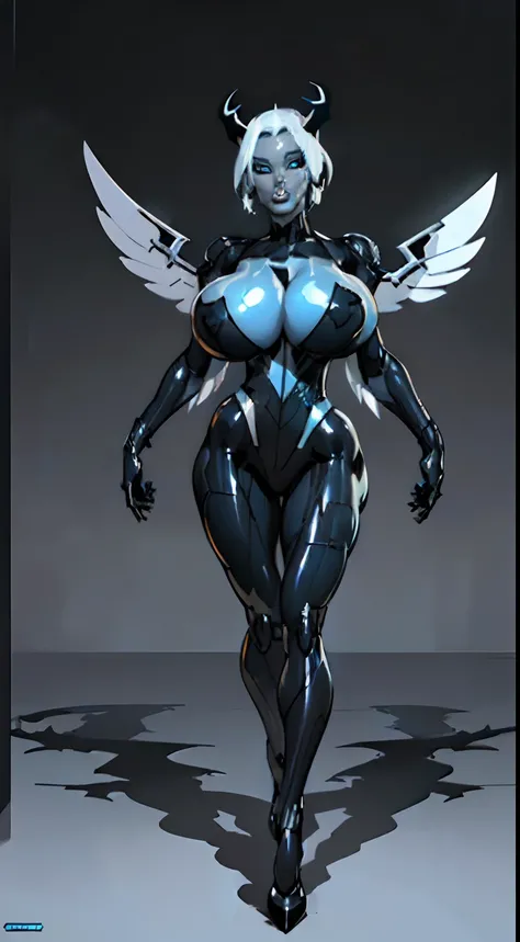 8k ((full body view:1.5)) ((seductive eyes:1.3)), defined cheekbones, 1woman, ((pointed up horns:1.7)), ((the pit style:1.4))((defined jawline:1.2)) ((sleek chrome bodysuit:1.6)) (detailed face:1.5), blue skin,(puffy lips:1.5) (blue skin:1.6), beautiful fa...