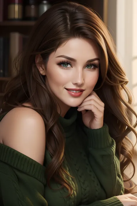 lucy pinder, face portrait, red lipstick, smiling, brown hair, wavy hair, off shoulder sweater, dark green sweater,