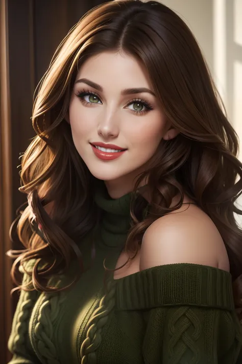 lucy pinder, face portrait, red lipstick, smiling, brown hair, wavy hair, off shoulder sweater, dark green sweater,