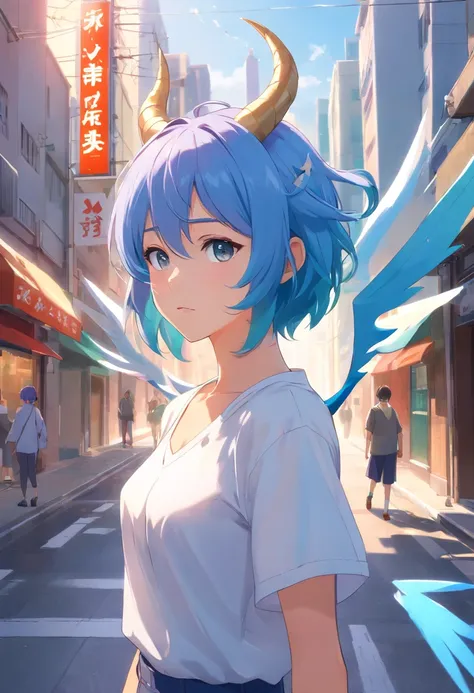 Anime girl with blue hair and horns on a street, 3D realistic anime, 2. 5 d cgi anime fantasy artwork, anime style 3d, anime style. 8k, 4k anime style, 3d style realistic anime, deviantart artstation cgscosiety, digital anime art, guweiz style art art, det...