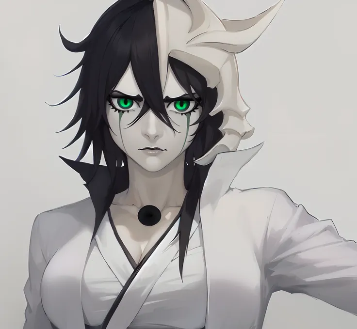 masterpiece, best quality, ulquiorra cifer, genderswap, female ulquiorra cifer, deadpan expression, female focus, black coloured...