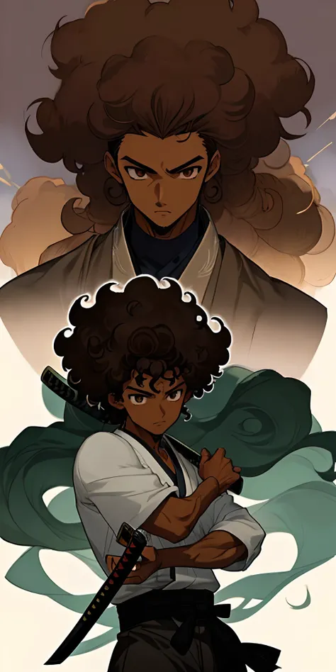 brown skin anime curly fluffy hair with katana and mist all around male