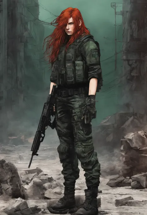 Masterpiece, highly detailed, 1Boy, long red  hair, green perfecteyes, black top with rolled up sleeves, tactical pants, black boots, bulletproof vest, holding pistol.