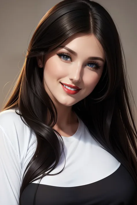 lucy pinder, face portrait, red lipstick, smiling, black hair, straight hair, long sleeve t-shirt, blue t-shirt, chubby woman.