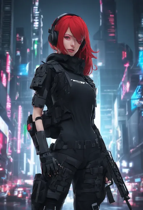 masterpiece, best quality, ultra-detailed, illustration, highly detailed, 1Boy, long red  hair, green perfecteyes, black top with rolled up sleeves, tactical pants, black boots, bulletproof vest, holding pistol.