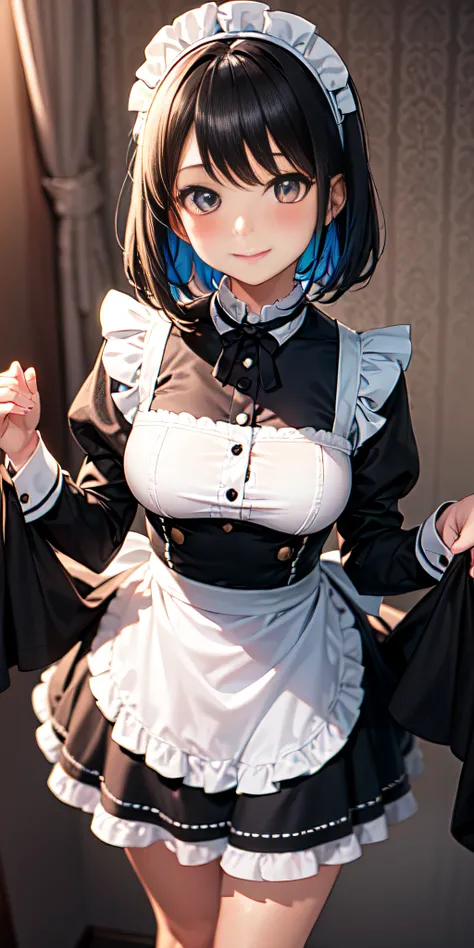 (arc: 1.3), Maid hat, Thighs, only 1 thin girl, (wallpaper), Short black hair, vibrant colors, Sharp focus, Depth of field, cinematic lighting, pretty face, Smile, seductive pose, ((0 % any clothes)), (blush:1.3), Intricate details