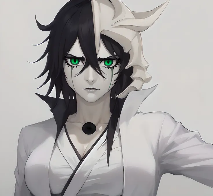 masterpiece, best quality, ulquiorra cifer, genderswap, female ulquiorra cifer, deadpan expression, female focus, black coloured...