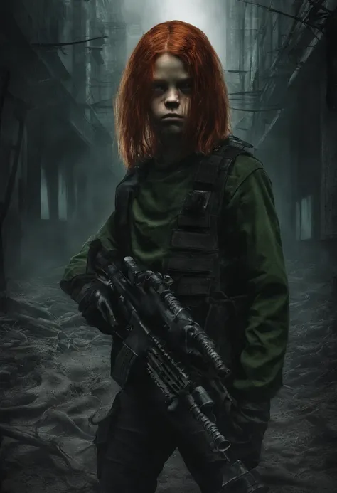 Masterpiece, highly detailed, 1Boy, long red  hair, green perfecteyes, black top with rolled up sleeves, tactical pants, black boots, bulletproof vest, holding pistol.