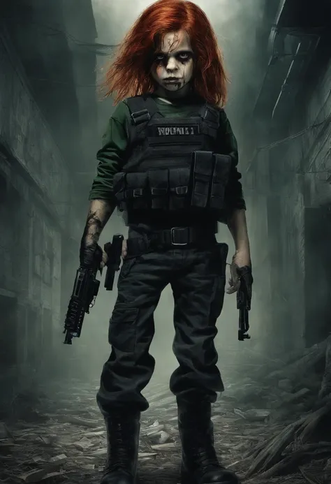 Masterpiece, highly detailed, 1Boy, long red  hair, green perfecteyes, black top with rolled up sleeves, tactical pants, black boots, bulletproof vest, holding pistol.