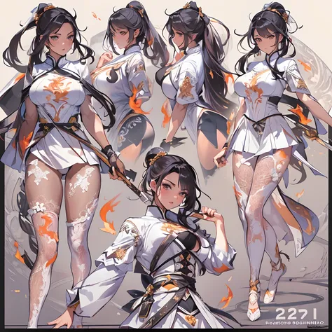 ((Masterpiece, Highest quality)), Detailed face, CharacterDesignSheet， full bodyesbian, Full of details, Multiple poses and expressions, Highly detailed, Depth, Many parts，Martial arts girl，white and black，holds a spear，double-ponytail，estilo fantasia，Surr...