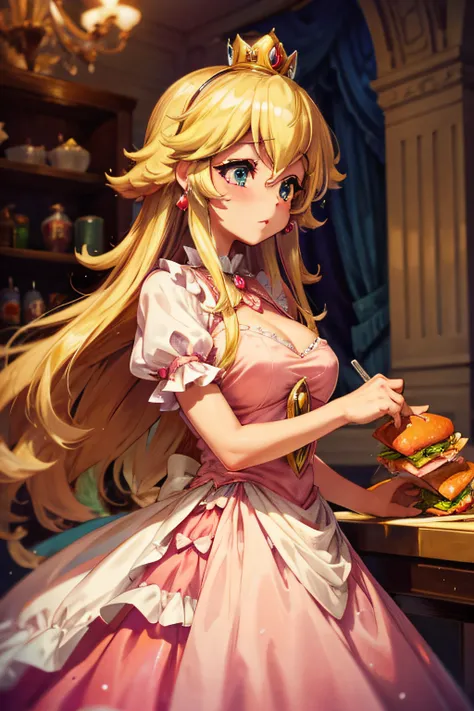 Princess peach making a sandwich in her classic pink ballroom dress