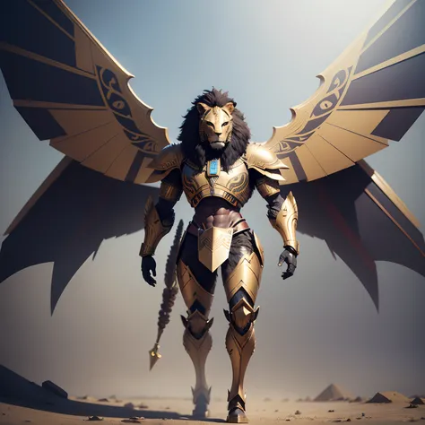 Lion warrior has Egyptian robot wings in realistic 4K armor., full entire body,Super Detailed, Vray Display, Unrealistic engine, Midjourney Art Style.