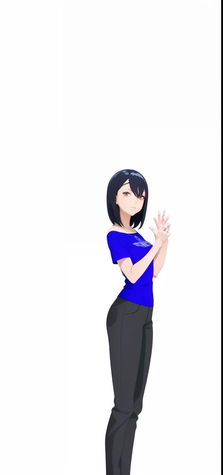 cartoon of a woman in a blue shirt and black pants, hands behind her body pose!, anime pose, a-pose, in an anime style, anime style character, standing pose, an anime girl, in anime style, hands behind her pose!, casual pose, female anime character, paint ...