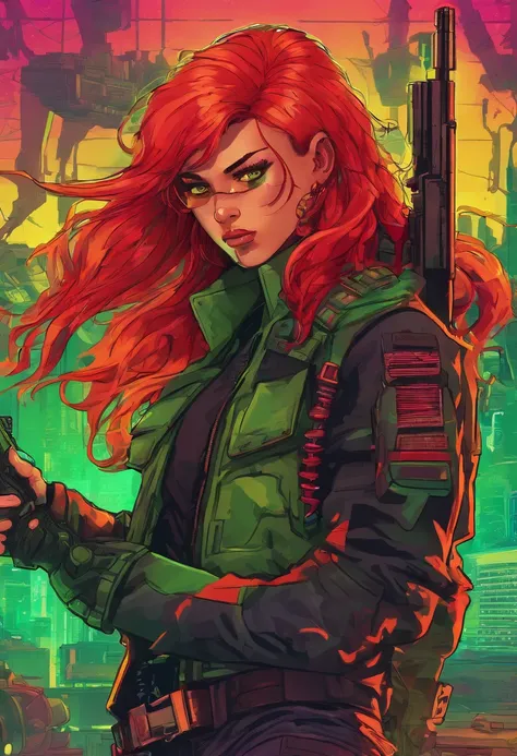 Masterpiece, highly detailed, 1Boy, long red  hair, green perfecteyes, black top with rolled up sleeves, tactical pants, black boots, bulletproof vest, holding pistol.