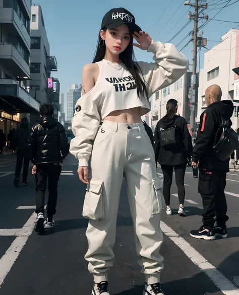 8K, RAW photos, Best quality, Masterpiece: 1.2),(best qualtiy，8K, Yes，32K，masterpiece，hyper HD：1.2) , 20 years old,arafed woman taking a picture of herself in a mirror, cargo pants. cyberpunk city, 2 0 2 0 fashion, cargo pants, cyberpunk streetwear, baggy ...