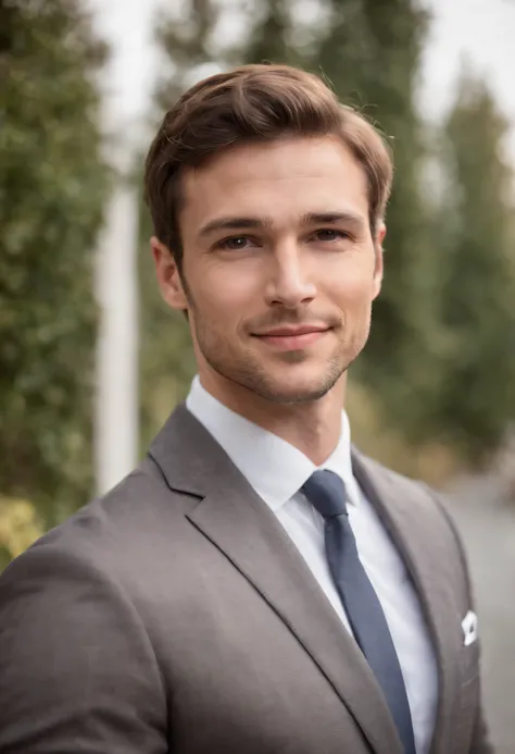 attractive 30 year old athletic man with short brown hair in Hugo boss business suit, full body shot, smile