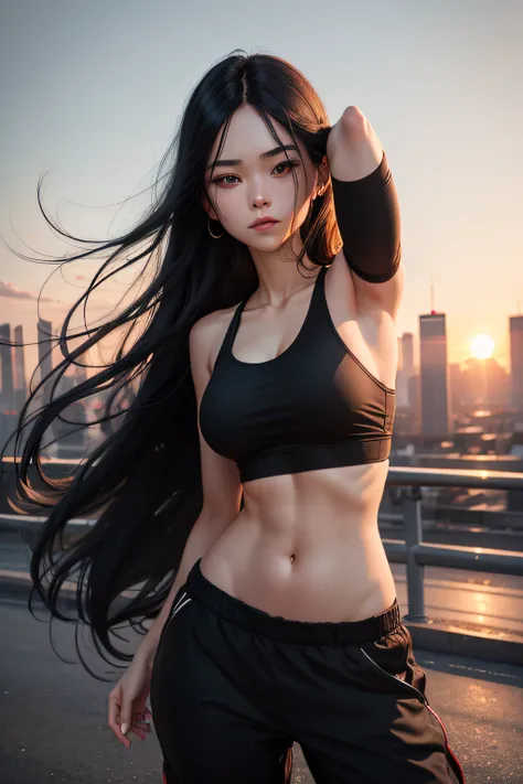 1girl, long black hair, red eyes, wearing black tank top, black joggers, city, sunset, absurdres, high res, ultrasharp, 8K, masterpiece, , beautiful dancing, ecstatic