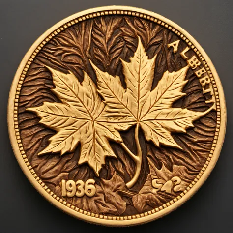 cnl lighting ，a gold coin is carved with a realistic maple leaf，tmasterpiece