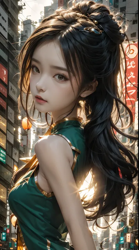 Girl in Chinese costume，largeeyes，Detailed clothing texture，beuaty girl，Colorful clothes，long whitr hair，shairband，hair adornments，head gear，obi strip，Big breasts Thin waist，Bigchest，lindo cenario，(城市)，(Buildings)，(Modern architectural background)，Light an...