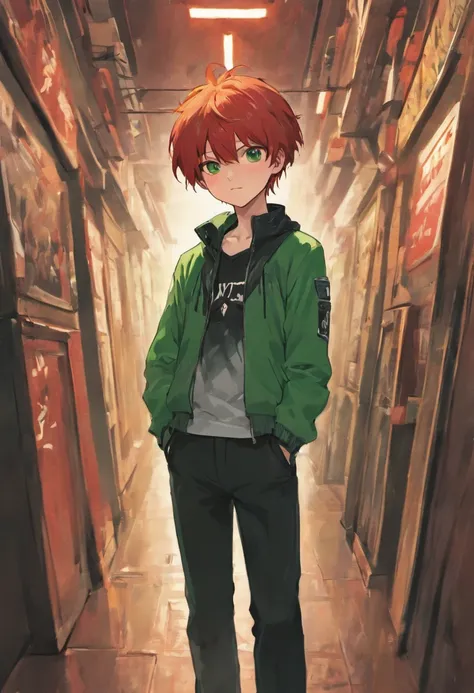 masterpiece, best quality, ultra-detailed, illustration, 1Boy, young, red hair, green eyes, red jacket, black shirt, black pants, red shoes,