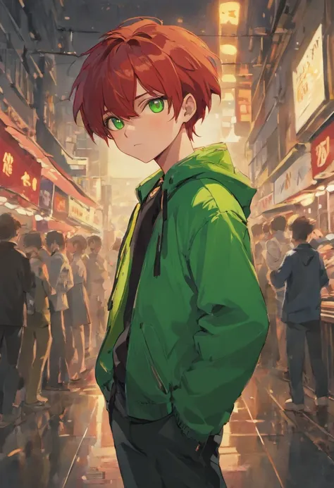 masterpiece, best quality, ultra-detailed, illustration, 1Boy, young, red hair, green eyes, red jacket, black shirt, black pants, red shoes,