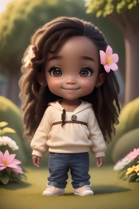 chibi 1 dark brown skinned african boy:5, Cute smile, Seated ((Full body))) "Various emotions" realistic shadow, sparkling eyes, Detailed skin, Greenish-brown eyes are slightly glossy., Pose for a photo, Long black curly hair, Flowers in hair, Rapunzel sty...