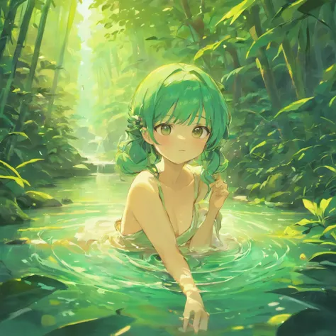 In the heart of a secluded village, amidst lush foliage and vibrant tapestries, immerse your canvas in the gentle strokes of ancestral artistry. Capture the intimate moment of a bashful maiden, embracing the soothing waters of a bath, her vulnerability ech...