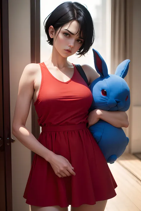 woman dressed in a short red dress, with red shorts under the dress, holding a blue stuffed rabbit in her right hand, short black hair, angry face