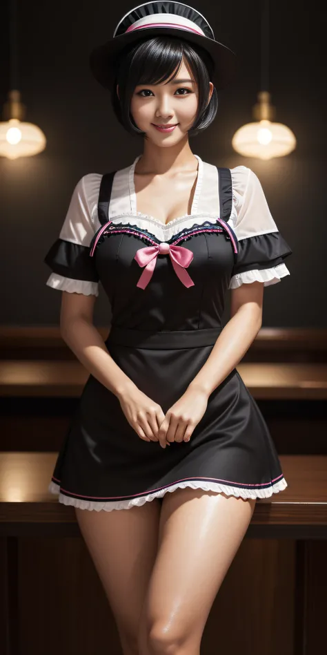 (arc: 1.3), Maid hat, Thighs, only 1 thin joung woman, (wallpaper), Short black hair, vibrant colors, Sharp focus, Depth of field, cinematic lighting, pretty face, Smile, seductive pose, ((0 % any clothes)), (blush:1.3), Intricate details