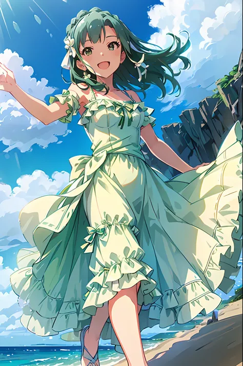 yuriko nanao (million live), 1 girl, Solo, Best Quality, High resolution, 8K, Wallpaper, Ultra-detailed, Detailed face, ((from below)), ((smile, ;d)) ((sundress)), (Light green and white dress:1.5), Aqua Blue Frill, ((Large aqua blue ribbon on the waist)),...