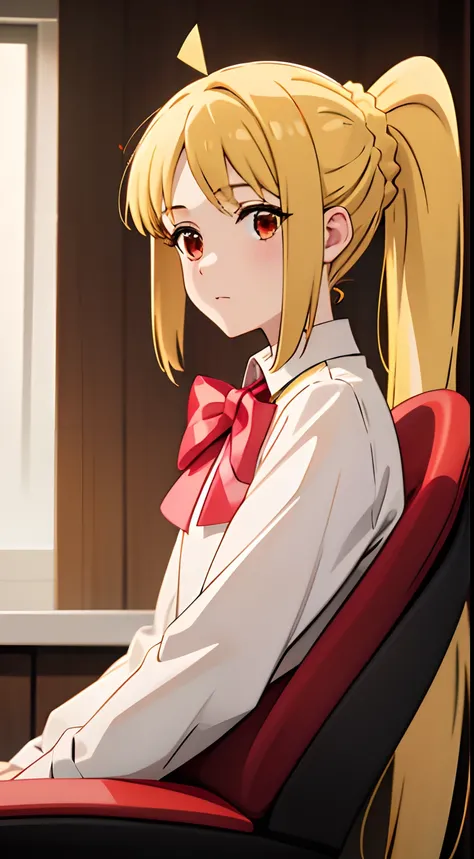 A girl with blonde hair and red eyes in a white shirt, wearing red and yellow clothes, with a ponytail, !! looking at the camera!!, celebrity, with full bangs, ultra detail, hight quality, best quality