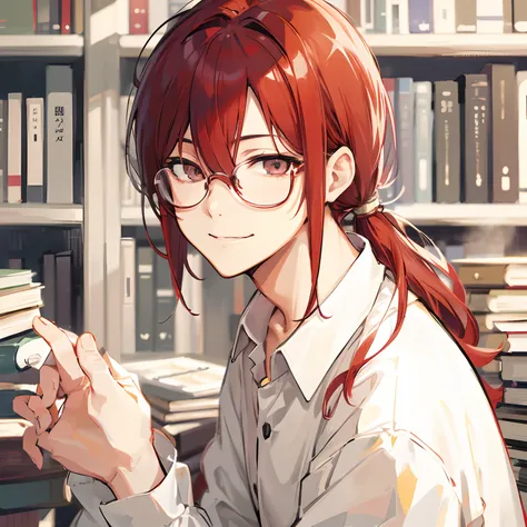 Japanese anime, Beautiful young man, Red hair, Long medium hair, (((Gray eyes))), slit-eyes, Smiling, Round glasses, Lots of books, Library,High quality, amount of drawing, pixiv illustration