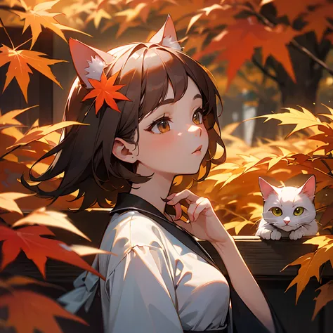 best quality, ultra-detailed, 
an extremely delicate and beautiful, 
1 girl, a cat, maple trees and maple leaves,