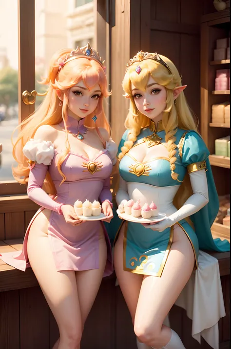 Princess Peach and Princess Zelda are working at a Mochi shop