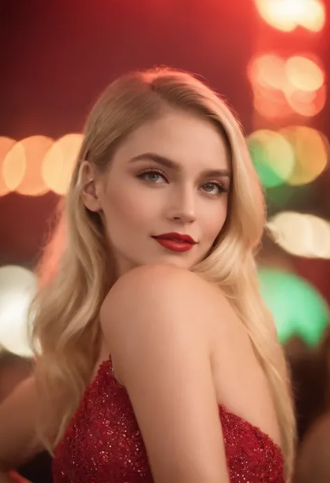 very beautiful woman, blonde, 20 ans, very realistic, super quality, Evening wear, beau sourire, Red and Green Light Background, surrounded by dancing people , dautres hommes qui dansent , dautres femmes qui dansent