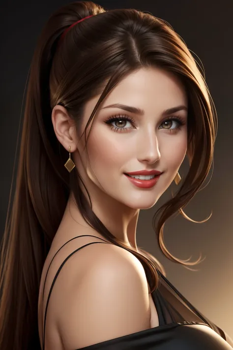 lucy pinder, face portrait, face, red lipstick, smiling, brown hair, straight hair, ponytail, one shoulder dress, black dress, adult woman