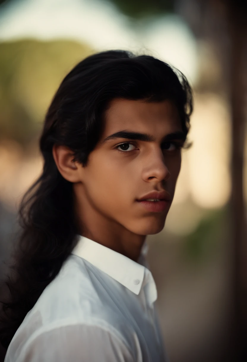 A mexican teenage boy with a long black mullet haircut, ((big lips)), and ((slanted eyes)), almond-shaped eyes, big lips, white dress shirt, long eyelashes, latin teenage