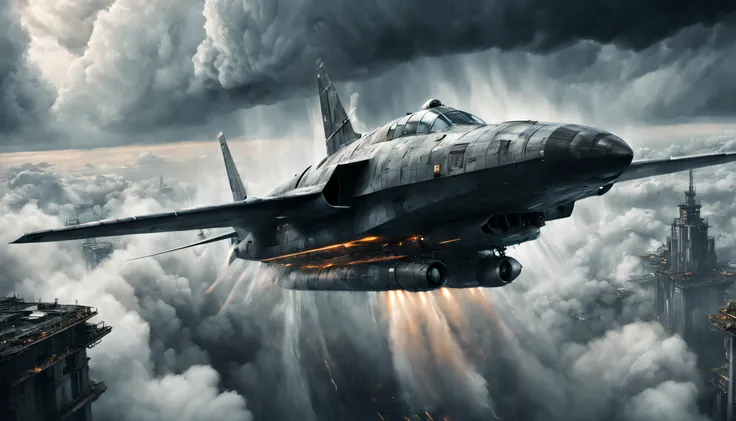 a massive, sci-fi long square shaped warship gliding through the clouds and rain, its 20 powerful jet engines propelling it forw...