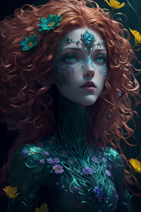 A beautiful princess, glass face and skin made of glass, ultra detailed face, (full body:1.3), surreal art, psychedelic art, flowers, holographic glow, art by Mschiffer, green eyes and ginger hair, motion effects, psychedelic motion effects, triadic colors