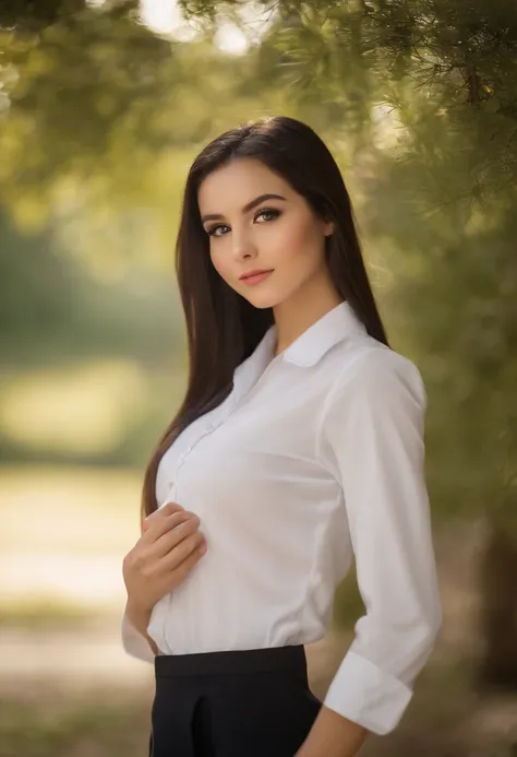 Best Quality, Full Body Portrait, Delicate Face, Beautiful Face, Big Eyes: 1.1, Makeup: 1.2, 25 Years Old Woman, Slim Body, Small Bust, OL Uniform, Female White Collar Uniform, Office Uniform, Black Stockings, Outdoor Scene, Standing, Long Hair, Nudity, Nu...