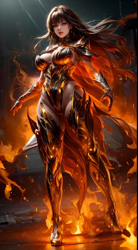 This is a realistic fantasy artwork prominently featuring realistic fire, including wisps of flames, glowing hot embers, subtle curls of smoke, and a beautiful fire druid. The druid stands in the midst of a raging inferno with an interesting composition. H...