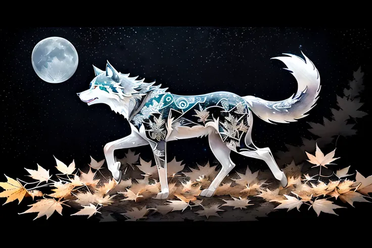 soar ash gray wolf, (((inclusive 5 parts in one illustration))),(water color of stunningly detailed beauty illustration:1.3), (grace maple leaves:1.1), (fire back maple leaves:1.1), ( majestic maple leaves:1.1), (elegant maple leaves:1.1), (beautiful shine...